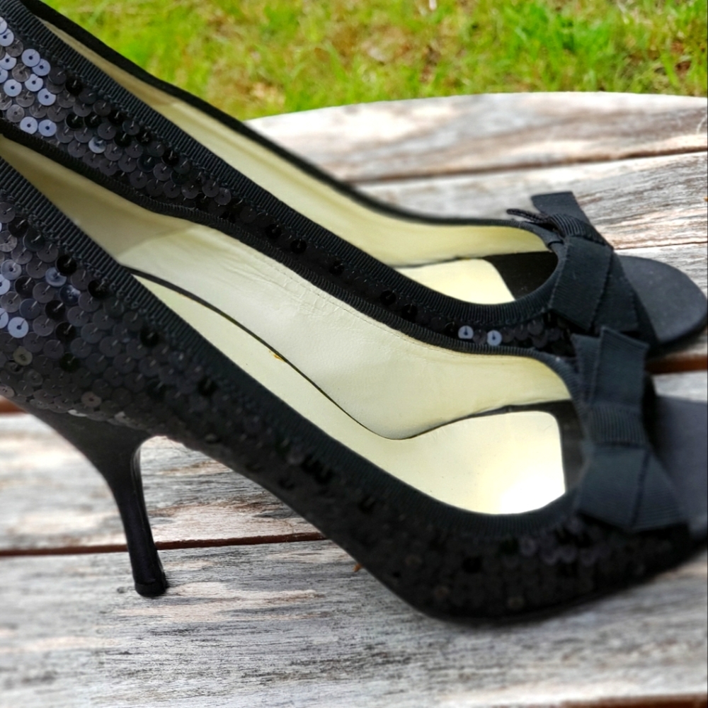 Prada Raso Lux Black Sequin Satin Pumps Heels Shoes